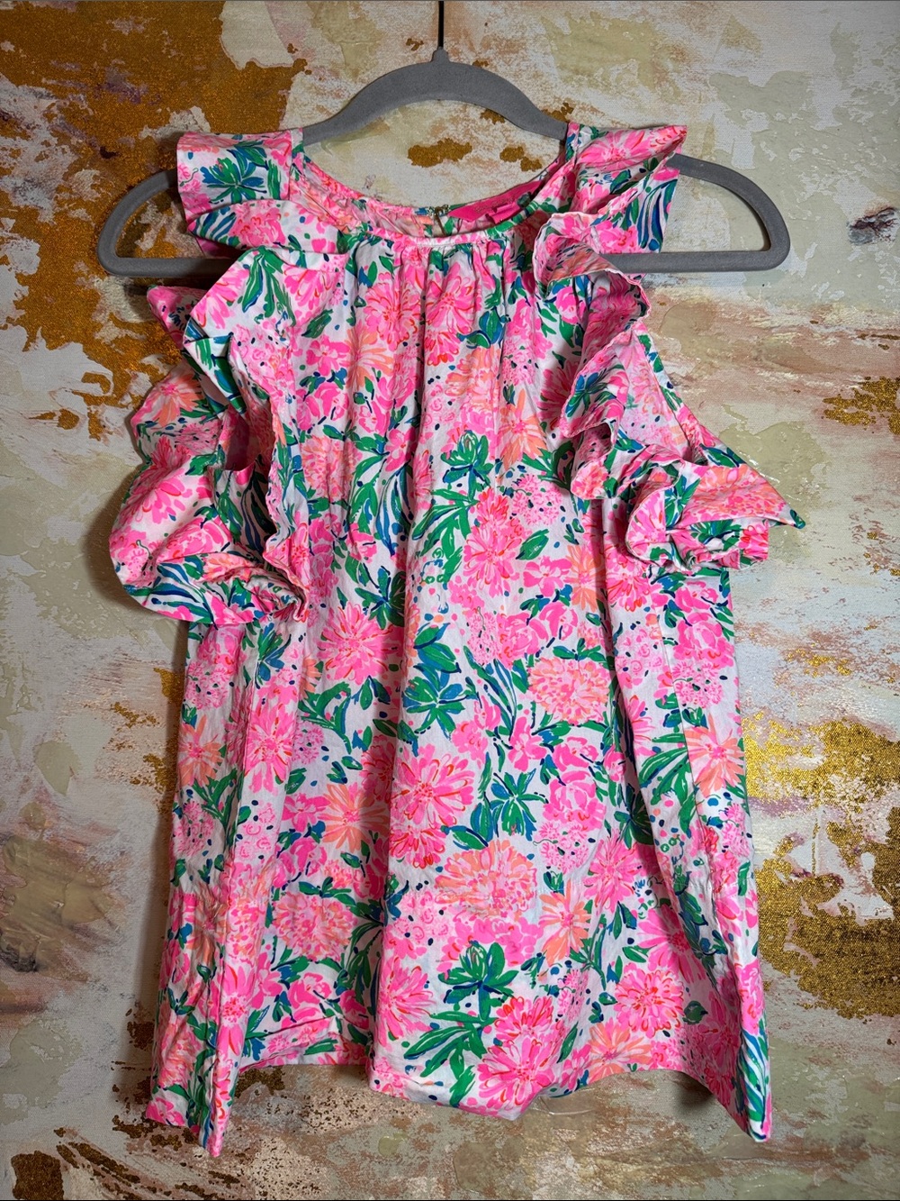 Lilly Pulitzer Marlee Ruffle Top Pink Green Floral Small